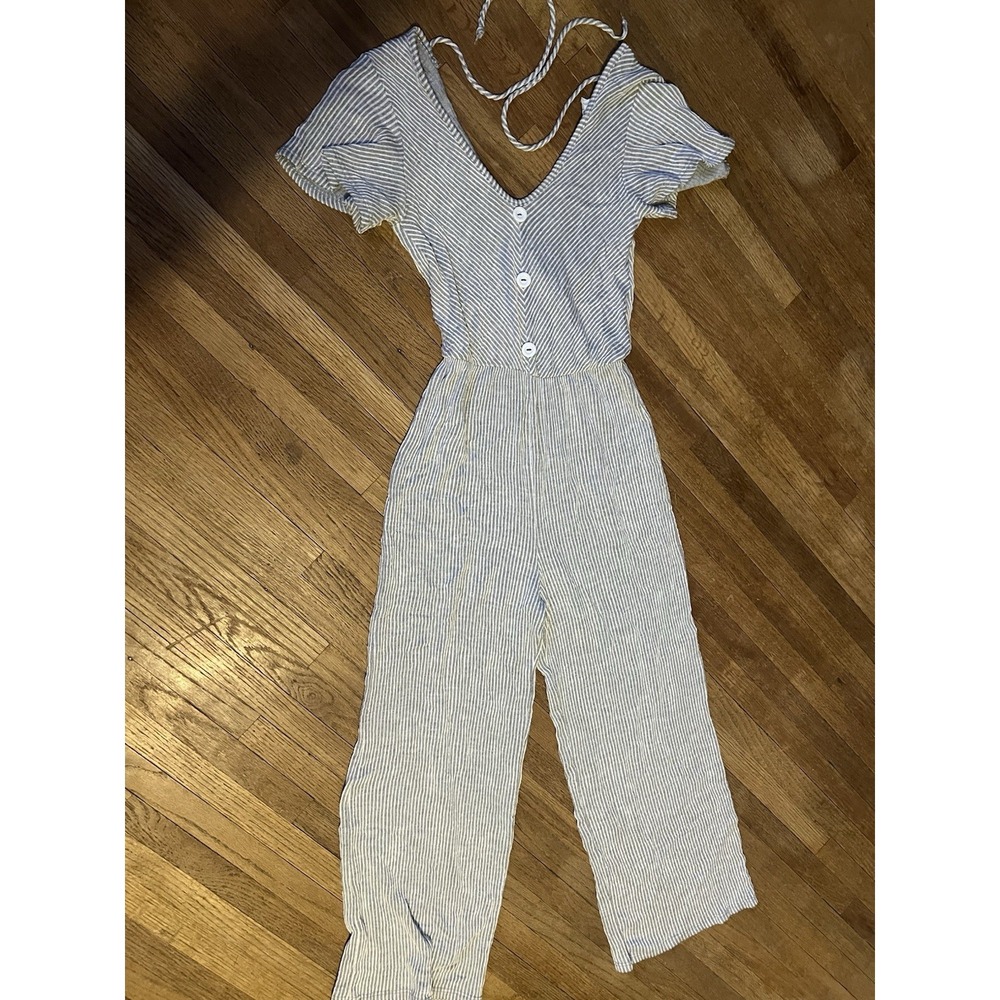 Coastal cottagecore striped wide leg romper 🌊☀️ beachy tie-back jumpsuit Sz S/M